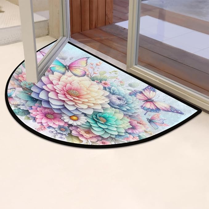 Flower Half Round Doormat Non-Slip Semi Circle Rug Half Moon Mat | Butterfly Rainbow Washable Soft Absorbent Indoor Outdoor Entrance Kitchen Bathroom Sink Patio Welcome Fireplace Floor Rug