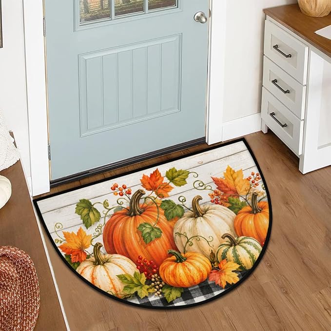 Thanksgiving Half Round Door Mat Welcome Entrance Mat Bath Bathroom Rug B6 | Autumn Pumpkin Thanksgiving Welcome Entrance Mat Anti-Slip Half Moon Bath Mat Semi Circle Rug Indoor Outdoor Kitchen Rug