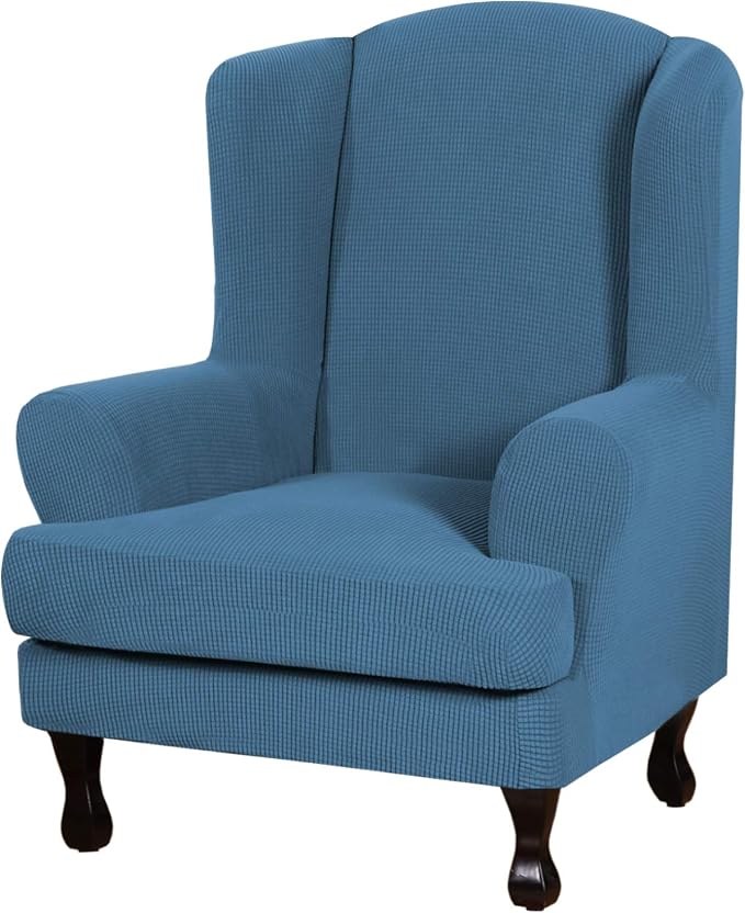 H.VERSAILTEX 2 Piece Stretch Jacquard Wingback Chair Covers Slipcovers Wing Chair Covers (Base Cover Plus Seat Cushion Cover) Furniture Covers for Wingback Chairs, Form Fitted Thick Soft, Dusty Blue