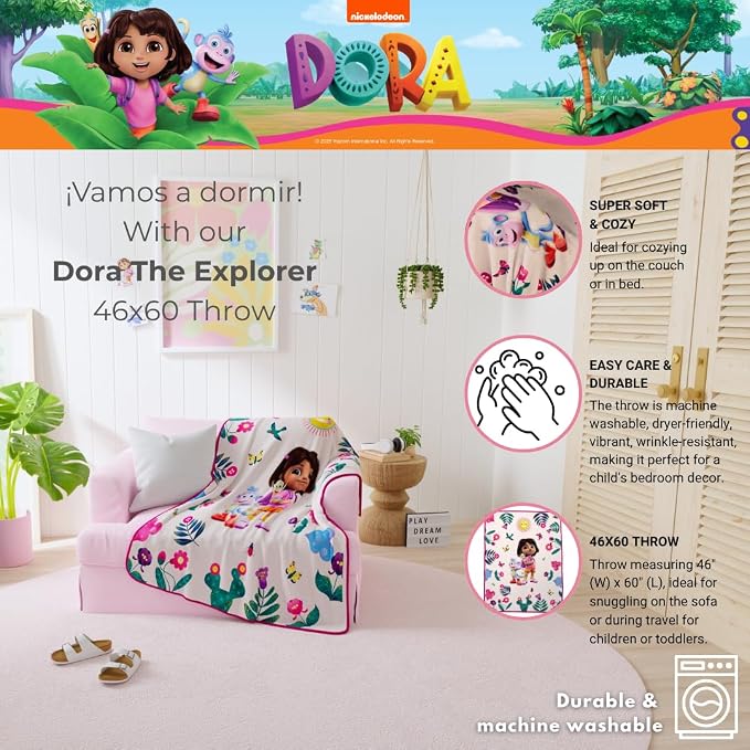 Dora The Explorer Kids Bedding Super Soft Plus Cozy Throw, 46 in x 60 in, (100% Officially Licensed) By Franco