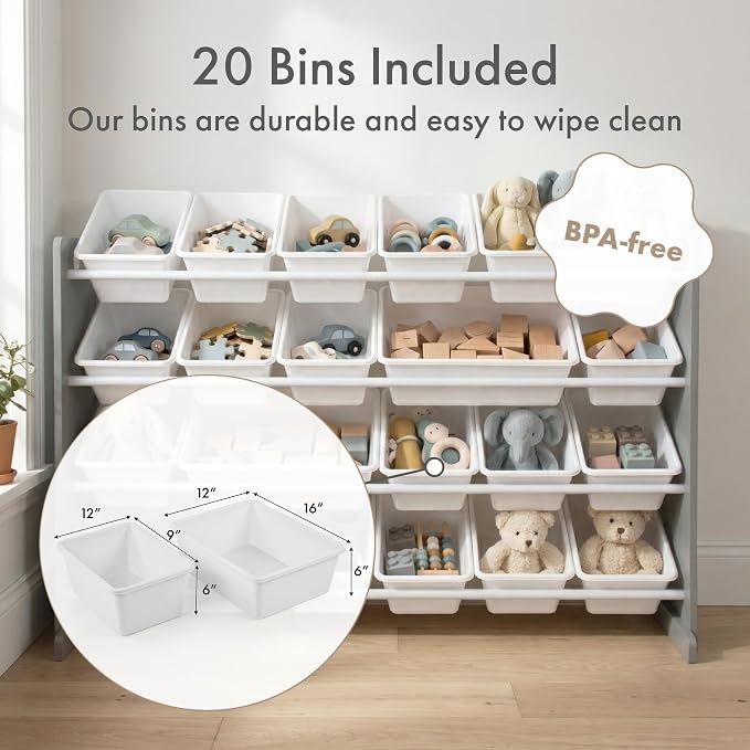 Humble Crew Kids Toy Organizer with 20 Bins, 4 Tier Storage for Playroom | Sturdy wood and steel toddler shelf, removable BPA-free containers, wall anchor anti-tip safety kit for bedroom or classroom