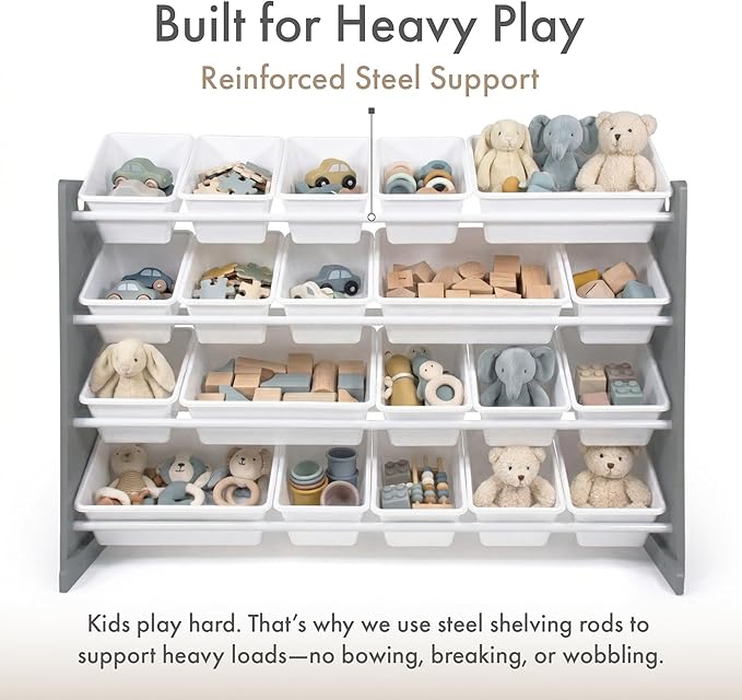 Humble Crew Kids Toy Organizer with 20 Bins, 4 Tier Storage for Playroom | Sturdy wood and steel toddler shelf, removable BPA-free containers, wall anchor anti-tip safety kit for bedroom or classroom