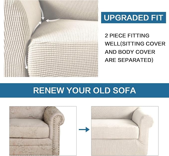 H.VERSAILTEX Stretch 2 Piece Armchair Cover Chair Covers for Living Room Furniture Cover Suit for T Cushion/Box Cushion, Spandex Jacquard Fabric Small Checks(Armchair-Oversized, Natural)