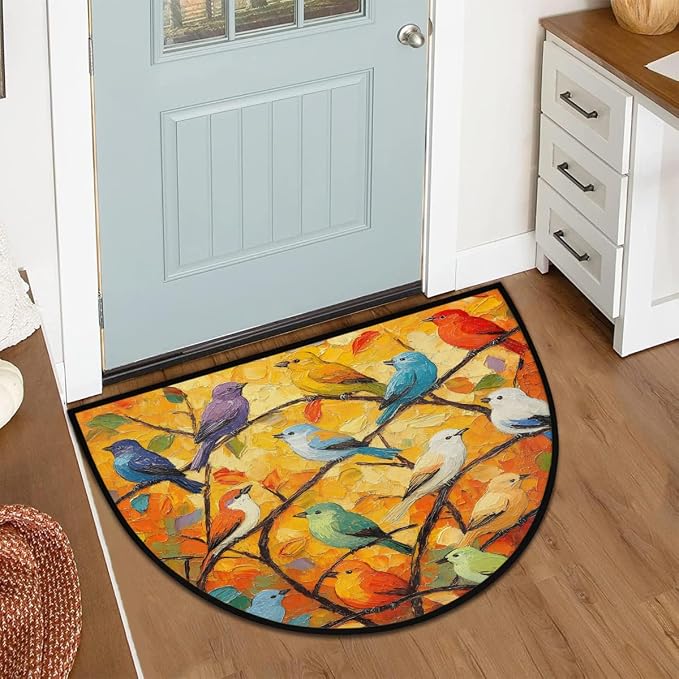 Pardick Half Round Door Mat Oil Painting Bird Anti-Slip Semi Circle Rug 24X36 Entrance Welcome Mats Indoor Outdoor Door Mat, Washable Decorative Floor Mats for Kitchen Bathroom Hearth Fireplace