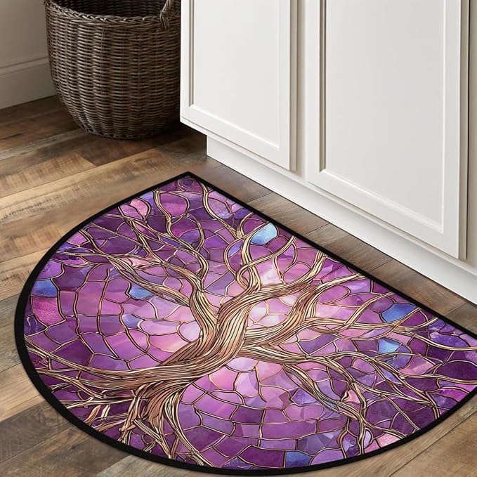 Tree Half Round Door Mat Semi Circle Rug Half Moon Doormat | Soft Washable Mandala Purple Welcome Entrance Mat for Outdoor Indoor Floor Bedroom Bathroom Home Kitchen Festival Decor