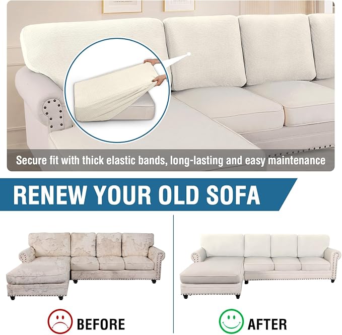 H.VERSAILTEX Backrest Cushion Covers Sectional Couch Back Cushion Covers for Sectional Sofa Set for Both Left/Right Couch (Back Only: 1 Chaise + 3 Sofa, Ivory)