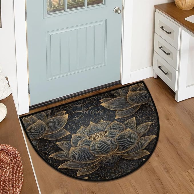 Golden Lotus Half Round Door Mat Non-Slip Semi Circle Rug Half Moon Doormat | Golden Lotus Flowers Soft Washable Welcome Entrance Mat for Outdoor Indoor Floor Bedroom Bathroom Home Kitchen Festival Decor