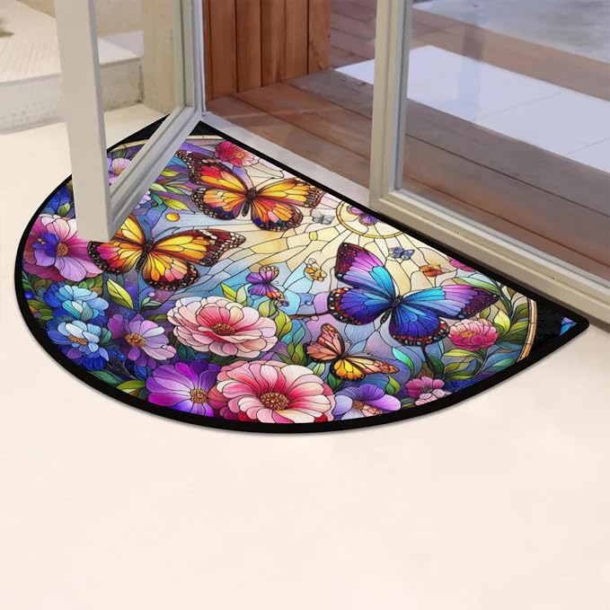 Half Round Doormat Colored Butterfly Flowers Non Slip Half Circle Area Rugs Indoor Washable Half Moon Rug Semi Circle Bathroom Runner Mat Entrance Floor Carpet for Kithen Bedroom Fireplace Decor