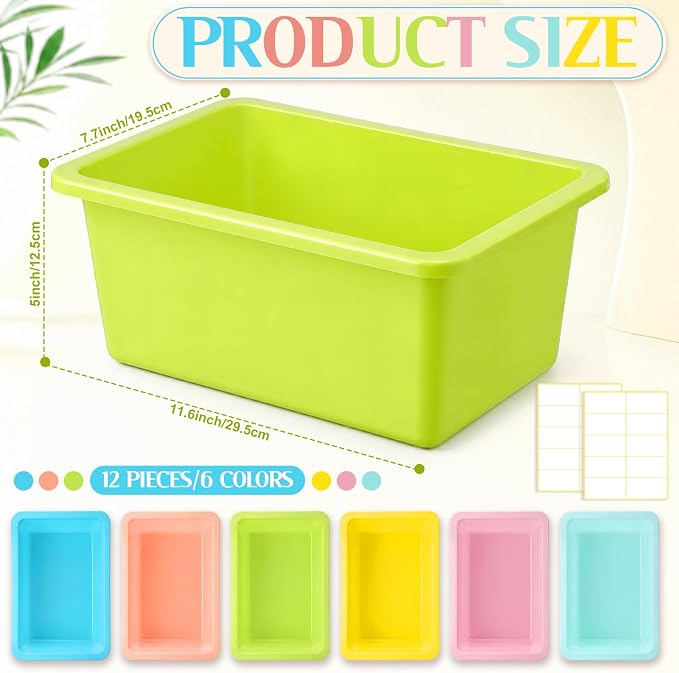 Thyle 12 Pieces Plastic Cubby Bins with Labels Classroom Book Bins Stackable Storage Container Durable Toy Storage Organizer Baskets for School Classroom Office (Classic,Light Color)