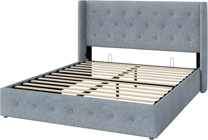 Allewie Queen Size Lift Up Storage Button-Tufted Bed Frame Blue Grey | Modern Wingback Headboard, Hydraulic Support Storage, No Box Spring Needed