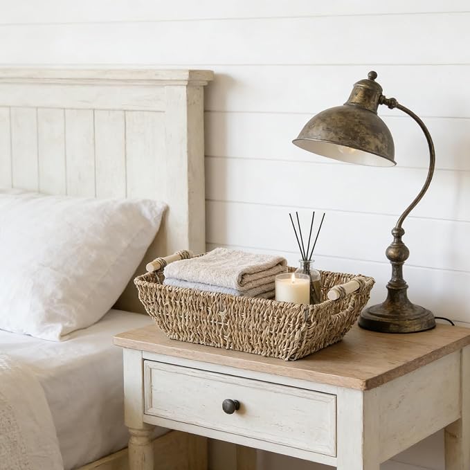 Wicker Baskets with Wooden Handles, Large Seagrass Storage Baskets