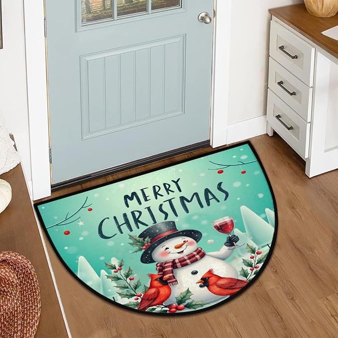 Snowman Half Round Door Mat Semi Moon Rug Fireplace Carpet Area Rugs | Christmas Snowman Non Slip Absorbent Half Circle Mat Carpet for Indoor Outdoor Patio Kitchen Bathroom Entryway Home Decor