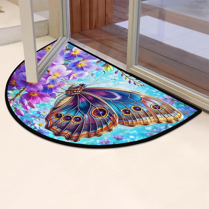 Colorful Butterfly Purple Flower Half Round Mat Half Moon Door Rug Washable Durable Semi Circle Carpet Floor mats for Indoor Outdoor Bathroom Kitchen Patio Hearth Rug Laundry Room Home Decoration
