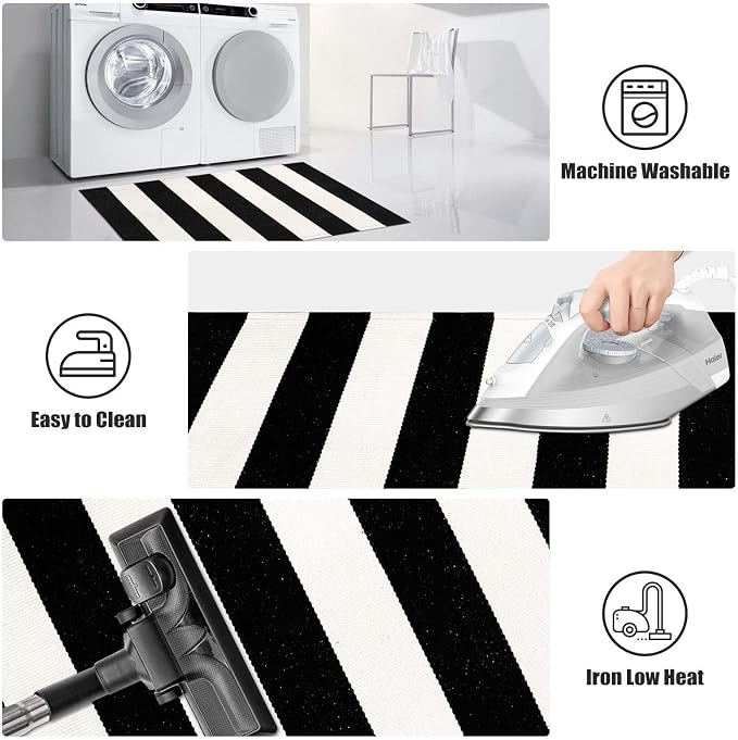LEEVAN Black and White Striped Door Mat 2'x4' Washable Front Porch Rug Cotton Woven Reversible Rugs Farmhouse Black Outdoor Rug Indoor/Outdoor Welcome Doormat White Entryway Throw Rugs
