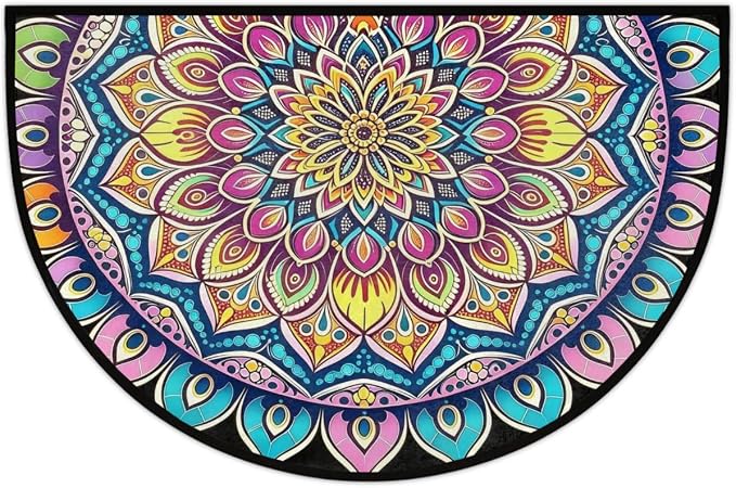 Mandala Half Round Door Mat Non Slip Half Circle Rugs | Ethnic Color Washable Half Moon Rug Semi Circle Rugs Indoor Entrance Floor Carpet for Kithen Bedroom Fireplace Decor
