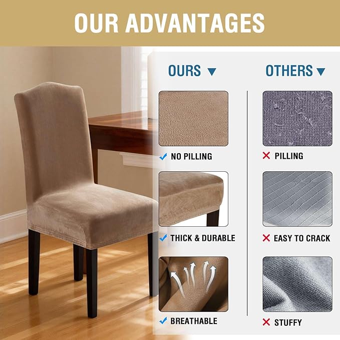 H.VERSAILTEX Velvet Dining Chair Covers Stretch Chair Covers for Dining Room Set of 4 Parson Chair Slipcovers Chair Protectors Covers Dining, Soft Thick Solid Velvet Fabric Washable, Camel