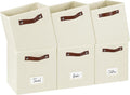 FinishingBo 10.5" x 11" Storage Bins with Labels 6 Pack | PU Leather Handles, Foldable Storage Cubes, Storage Baskets, Closet Storage, Beige