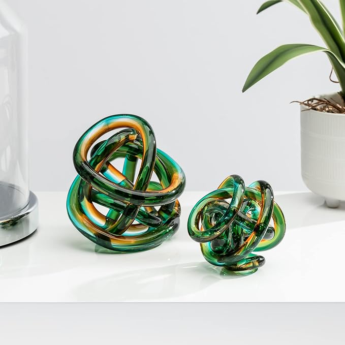 Torre & Tagus Orbit Hand Blown Glass Infinity Knot Sculpture - 4.5 Inch Glass Art Teal Amber Knot Decor Ball for Home Decor, Small Centerpiece Table Decoration for Home Interior (Ombre Ocean Sunset)
