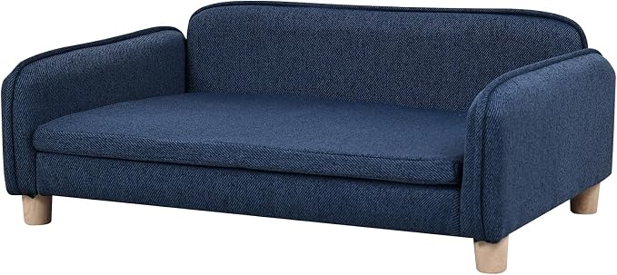 Big Sized Dog Bed -Wooden Frame Pet Sofa Couch, Washable Cushion Cat Couch, Linen Fabric Dog Sofa and Chair for Medium Pet Rest. (Blue)