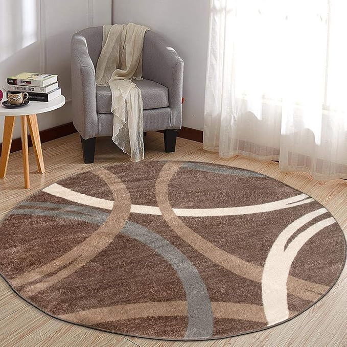 Rugshop Wavy Circles Modern Jute Backing Living Room Round Rug Brown 8' | Round, Bedroom, Dining Room, Home Office, Kitchen, Entryway, Hallway, Nursery, Kids Room, Guest Room, High Traffic Area