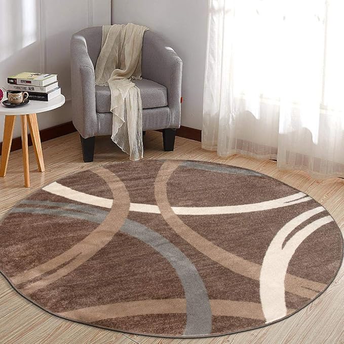 Rugshop Wavy Circles Modern Jute Backing Living Room Round Rug Brown 6'6" | Round, Size 6'6", Bedroom, Dining Room, Home Office, Kitchen, Entryway, Hallway, Nursery, Kids Room, Guest Room