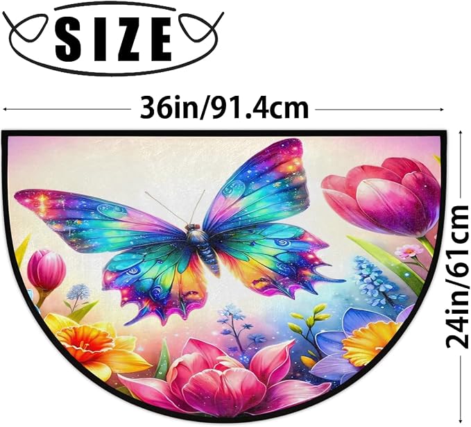 cfpolar Half Round Door Mat Flower Animal Butterfly Non-Slip Semi Circle Area Rug Washable Half Moon Hearth Rugs for Indoor Outdoor Bathroom Kitchen Patio Runner Mat Laundry Room Home Decoration