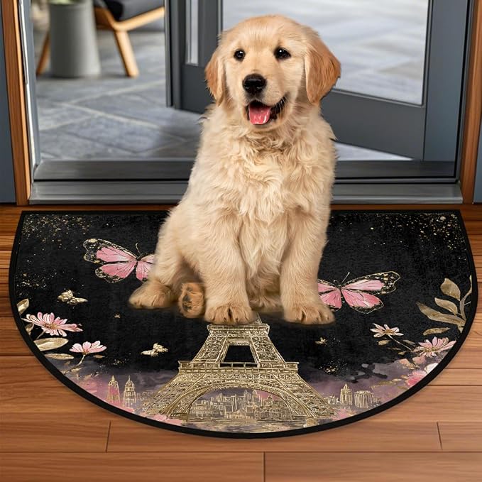 Flower Half Round Door Mat Semi Moon Rug Fireplace Carpet Area Rugs | Gold Pari Non Slip Absorbent Half Circle Mat Carpet for Indoor Outdoor Patio Kitchen Bathroom Entryway Home Decor