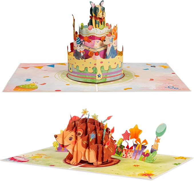 Paper Love Birthday Pop Up Cards 2 Pack - Includes 1 Dogs Birthday Cake and 1 Birthday Hedgehog, For Adults or Kids -8" x 6" Cover - Includes Envelope and Note Tag