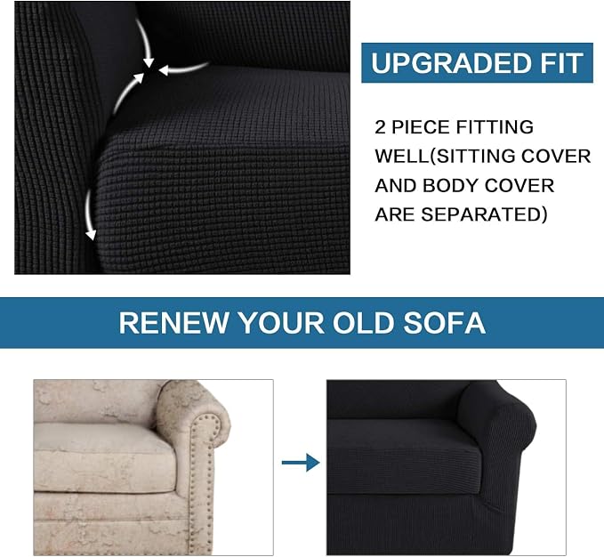 H.VERSAILTEX Stretch 2 Piece Chair Covers for Armchair Chair Covers for Living Room Furniture Cover Suit for T Cushion/Box Cushion, Spandex Jacquard Fabric Small Checks(Armchair-Oversized, Jet Black)