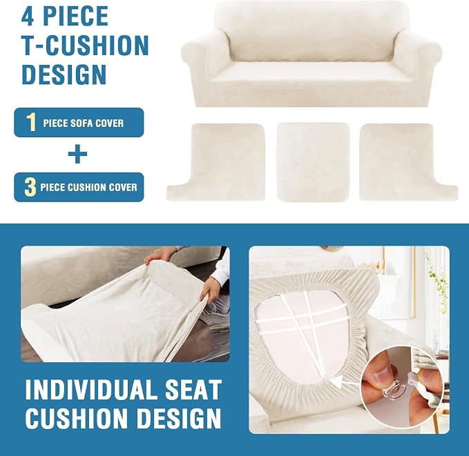 H.VERSAILTEX Sofa Cover 4 Piece T Cushion Sofa Slipcovers Thick Velvet Couch Cover Stretch T Cushion Sofa Covers for 3 Cushion Couch with 3 Individual T Cushion Covers, Cream
