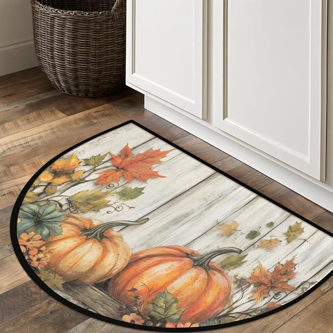 Pardick Half Round Door Mat Vintage Pumpkin Wood Anti-Slip Semi Circle Rug 24X36 Entrance Welcome Mats Indoor Outdoor Door Mat, Washable Decorative Floor Mats for Kitchen Bathroom Hearth Fireplace