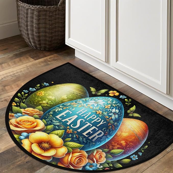 Happy Easter Egg Half Round Door Mat Non-Slip Semi Circle Rug Washable Half Moon Floor Rug Absorbent Bathroom Area Rugs for Outdoor Indoor Fireplace Mat Entryway Kitchen Decor Rugs