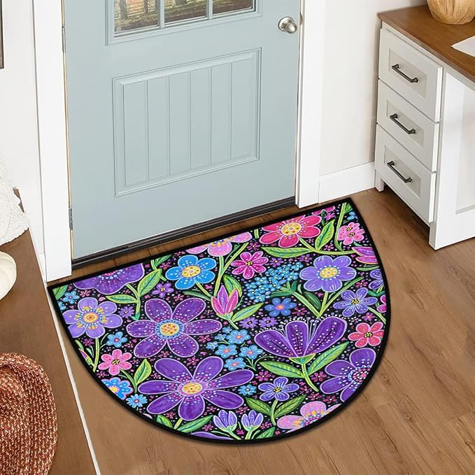 Daisy Half Round Door Mat Semi Circle Rug Half Moon Doormat | Soft Washable Colorful Purple Welcome Entrance Mat for Outdoor Indoor Floor Bedroom Bathroom Home Kitchen Festival Decor