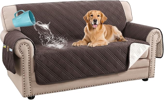 H.VERSAILTEX 100% Waterproof Couch Cover 2 Cushion Sofa Modern Sofa Covers Waterproof and Washable Thick Soft Couch Cover for Pets with Elastic Straps(Loveseat,Chocolate/Beige)