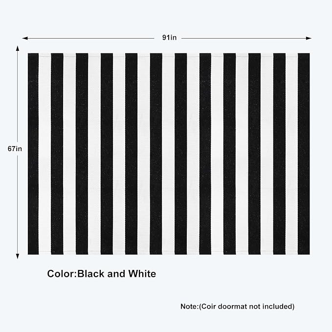 Collive Black and White Striped Rug 5' 7" x 7' 7" Washable Large Patio Rug Cotton Hand Woven Indoor Outdoor Rug Farmhouse Rug Floor Carpet for Porch Decor Backyard Dining Room Entryway