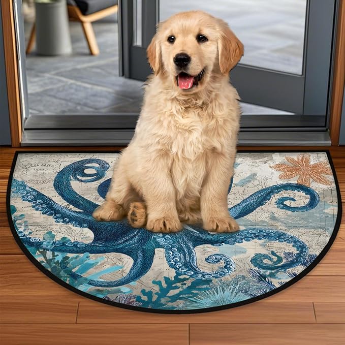 Octopus Half Round Doormat Semi Circle Rug Half Moon Rug Entryway Mat | Octopus Vintage Washable Non Slip Outdoor Floor Rug Kitchen Mat for Indoor Outdoor Bathroom Fireplace Bath Decor