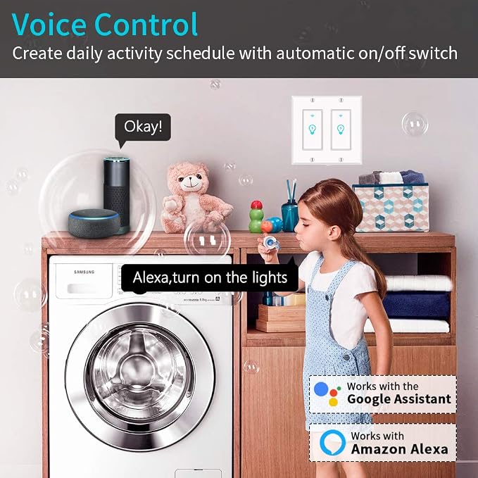 Smart Light Switch, Compatible with Alexa, Google Home IFTTT, App and Voice Control, Timing Function, No Hub Required, Suitable for 2/3/4 Box, Neutral Wire Needs MICMI, 2 Gang