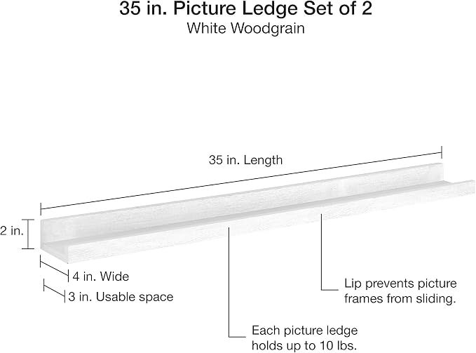 MCS Picture Ledge Shelf, Room Decor Floating Shelf, White Woodgrain, 35 Inch, Set of 2