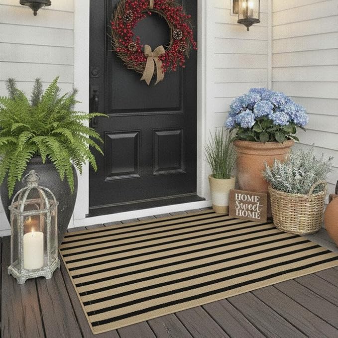 LEEVAN Black and White Front Door Rug 2.3x3.6, Striped Outdoor Rug Washable Welcome Layered Door Mats, Woven Front Porch Decor Indoor Entrancet Dooramts