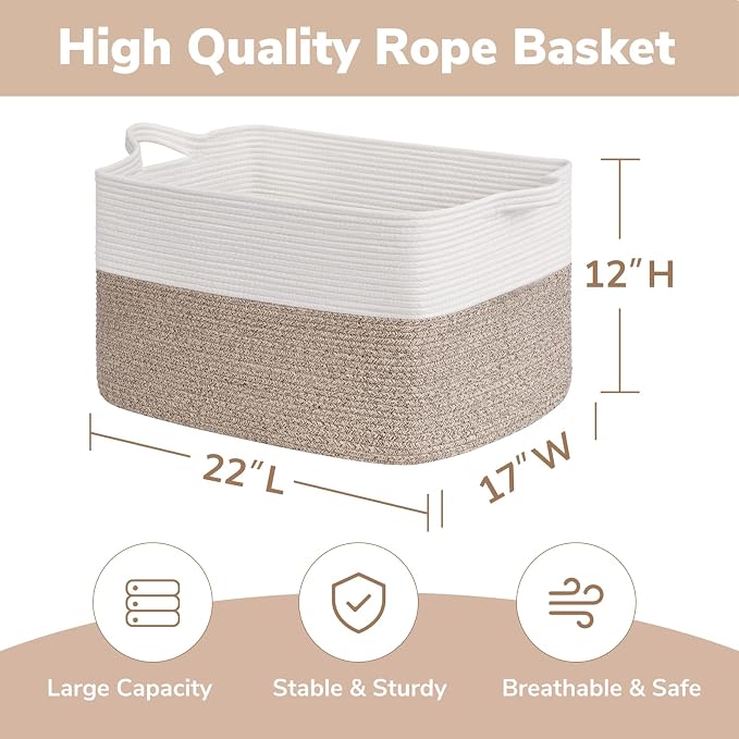 Goodpick 75L Extra Large Woven Storage Basket, 22" x 17" x 12", Light Brown | Rectangle Cotton Rope Basket, Blankets, Pillows & Toys Storage, Living Room & Bedroom Organization, Natural Home Decor