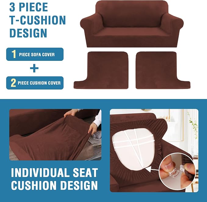 H.VERSAILTEX Sofa Cover 3 Piece T Cushion Sofa Slipcovers Thick Velvet Couch Cover Stretch T Cushion Sofa Covers for 2 Cushion Couch with 2 Individual T Cushion Covers, Burnt Brick