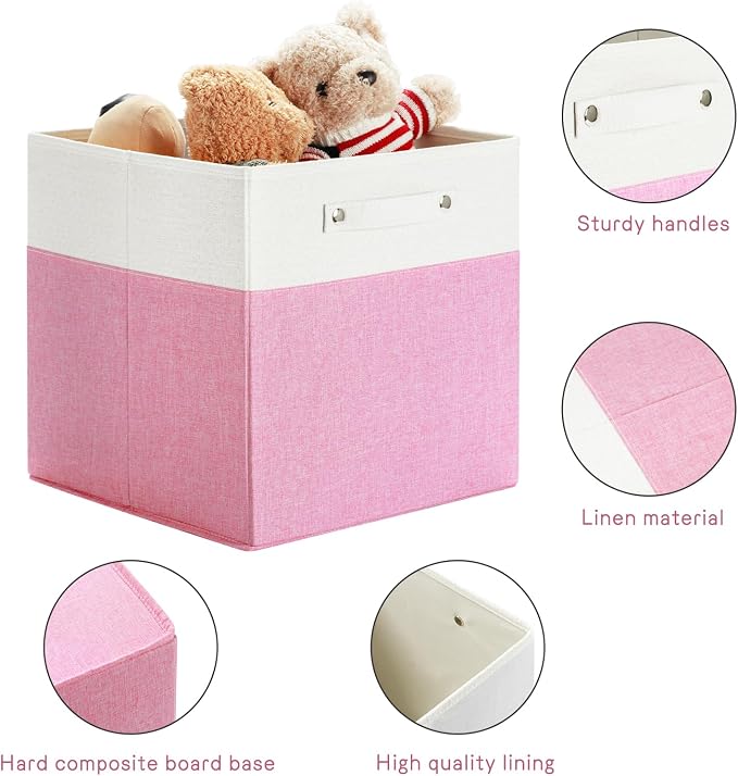 FinishingBo 13x13x13 Storage Cube Bins 4 Pack, Cube Shelf Baskets | Foldable Storage Cubes, Linen Storage Bins with Handles, Closet Organizers, White/Pink
