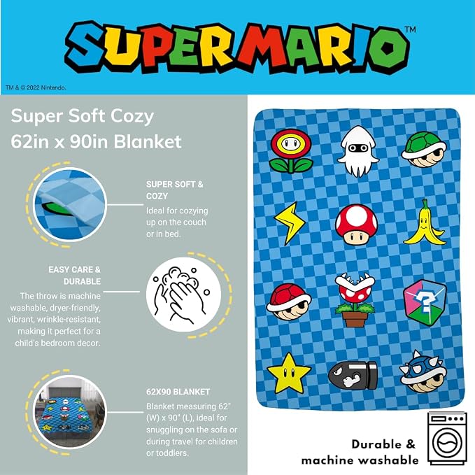 Super Mario Bros. Kids Bedding Super Soft Cozy Throw Blanket, 62 in x 90 in, (Officially Licensed Product) By Franco Kids