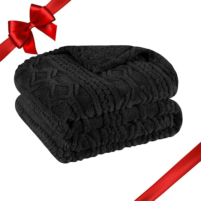 SUPERIOR Fleece Boho Jacquard Blanket, Decorative Blankets for Bedroom, Sofa, Fuzzy, Plush, Fluffy, Soft, Cute Room Decor, Beautiful Cover, Comfort Essentials, Arctic Collection, Full/Queen, Black