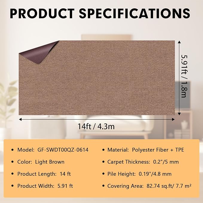 Grefinity Marine Carpet,6 FT x 14 FT Light Brown Indoor Outdoor Carpet 0.2" Thick Boat Rug with Water-Proof TPE Backing for Home, Patio, Porch, Deck