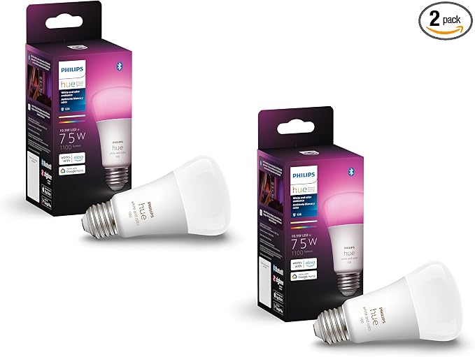 Philips Hue Smart 75W A19 LED Bulb - White and Color Ambiance Color-Changing Light - 2 Pack - 1100LM - E26 - Indoor - Control with Hue App - Compatible with Alexa, Google Assistant and Apple Homekit