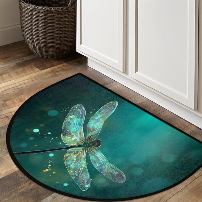 Dragonfly Half Round Door Mat Welcome Entrance Mat Bath Bathroom Rug | Dragonfly Welcome Entrance Mat Anti-Slip Half Moon Bath Mat Semi Circle Rug Indoor Outdoor Kitchen Rug