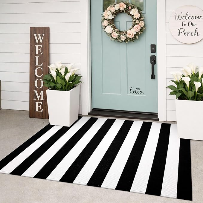 KILOCOCO Black White Striped Rug 3'X5' Front Door Mat Outdoor Washable Rugs | Cotton Layered Doormats, Low Pile Front Porch Rug, Woven Indoor Rug, Welcome Mat for Kitchen Entryway Farmhouse Patio