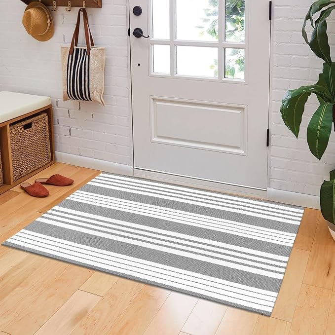 OJIA Front Door Rug 24"x51" Gray and White Striped Outdoor Rug Porch Decor | Machine Washable Porch Rug Front Door Mat Outdoor Indoor Area Rugs Cotton Woven Entry Mat for Home Entrance/Farmhouse Decor