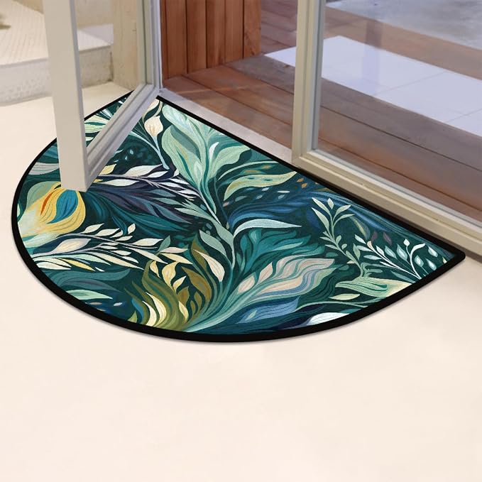 Leaves Half Round Doormat Non-Slip Semi Circle Rug Half Moon Mat | Painting Turquoise Washable Soft Absorbent Indoor Outdoor Entrance Kitchen Bathroom Sink Patio Welcome Fireplace Floor Rug